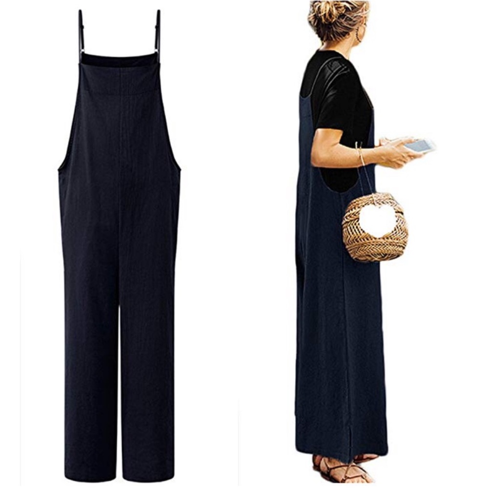 Blue Harem Overalls Wide Leg Cotton Linen Jumpsuit - Picture 2 of 5